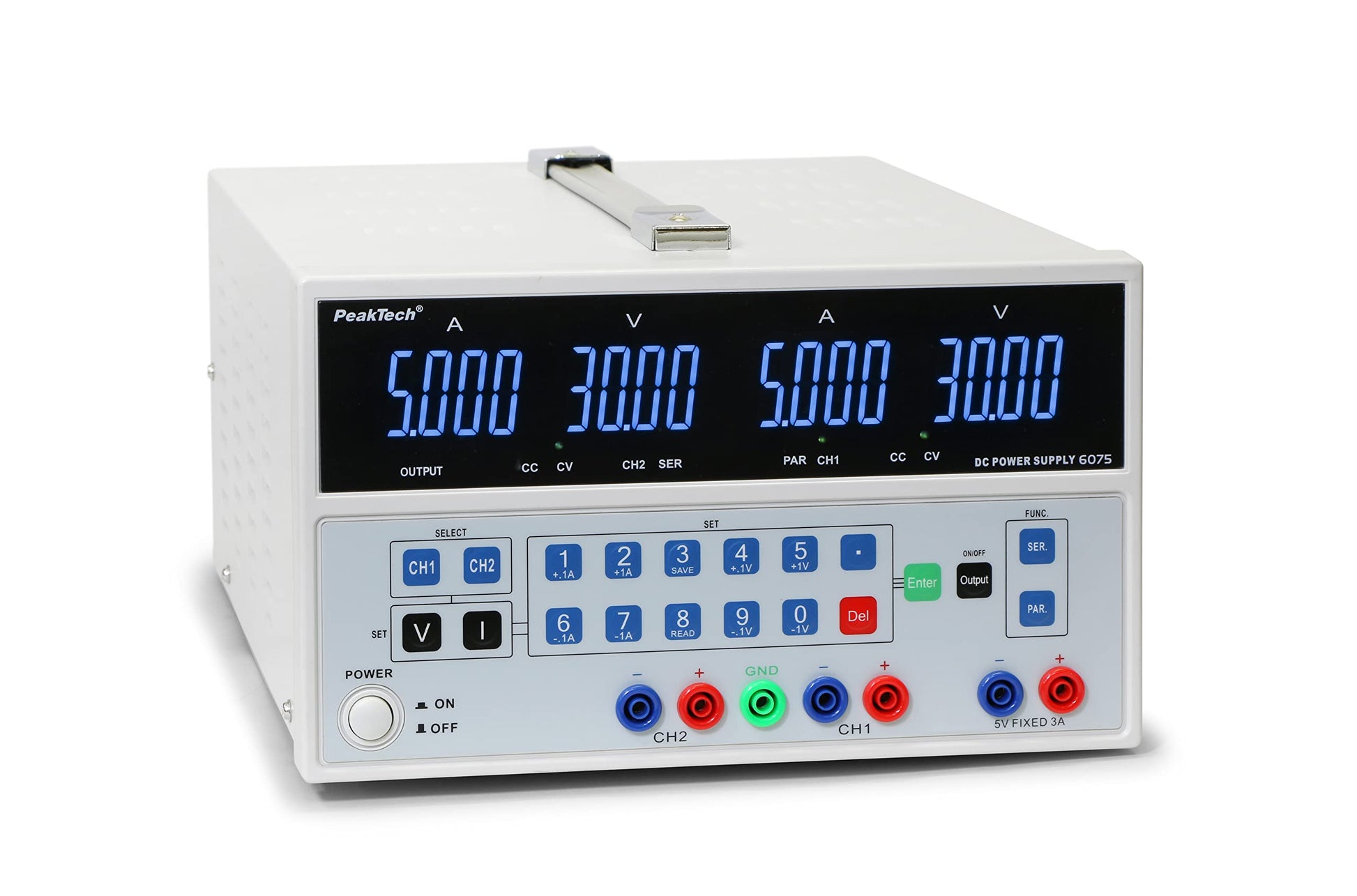 PeakTech P6075 Labornetzteil 0-30V/0-6A DC - 2 Ausgänge + USB. Graues, rechteckiges Labornetzteil zur DC-Spannungsversorgung in Elektroniktests.