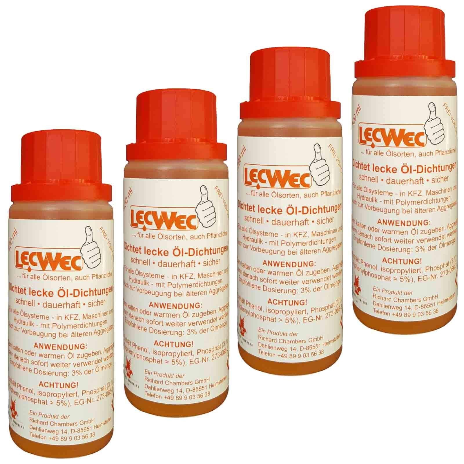 LecWec Additiv gegen Ölverlust für alle Ölsorten - 400ml, weiße Flasche, dichtet Leckagen in Ölsystemen ab.