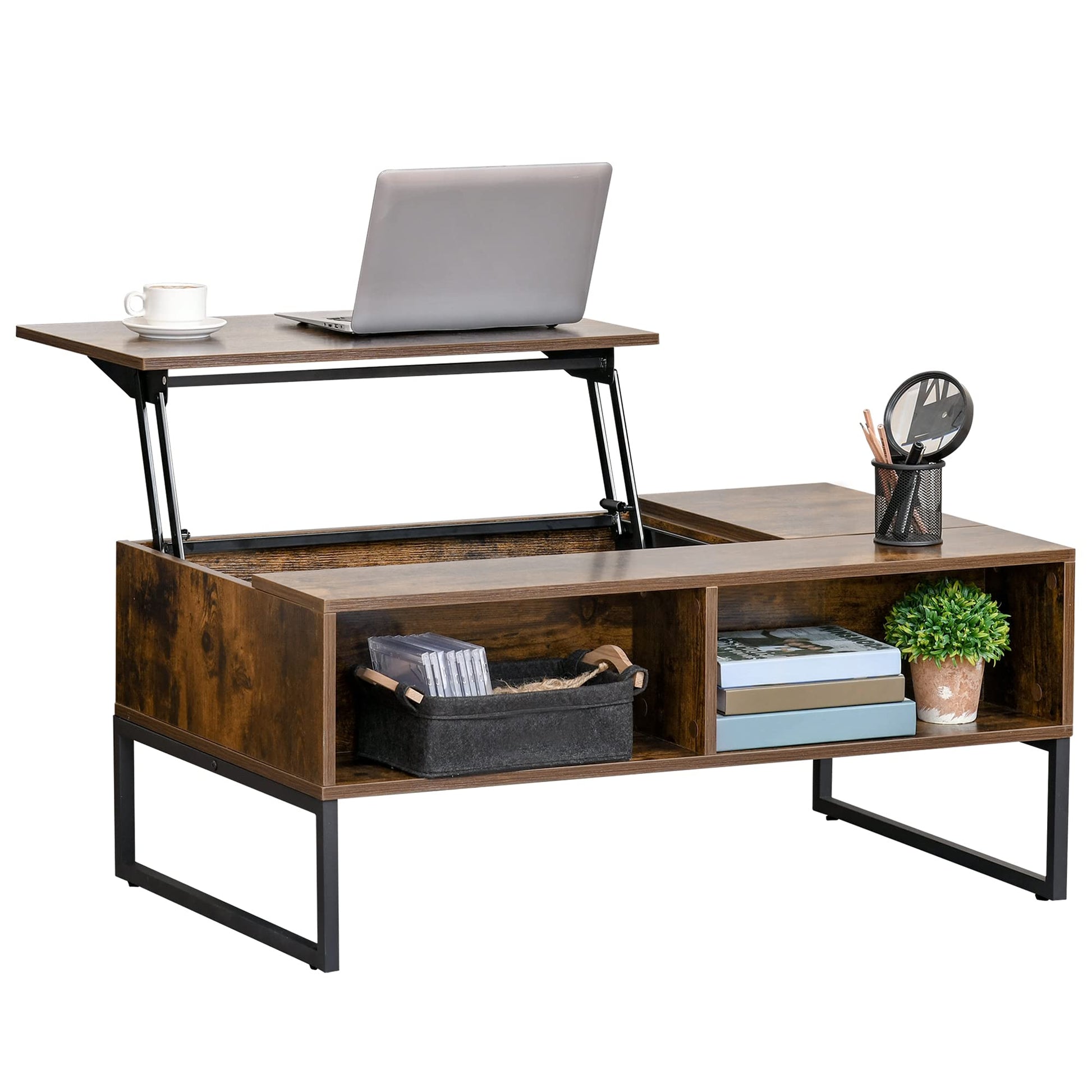 HOMCOM Wohnzimmer-Couchtisch Höhenverstellbar – Braun. Brauner, höhenverstellbarer Wohnzimmertisch, nutzbar als flexible Ablage und Esstisch.