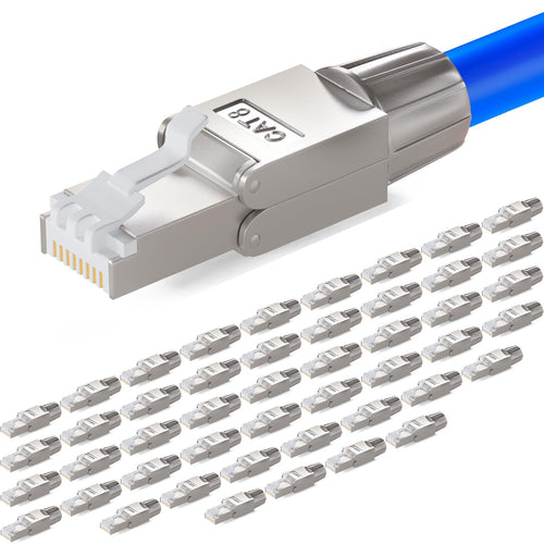 HB-DIGITAL CAT 8 RJ45 Stecker STP. Silberner, metallischer Stecker zum werkzeuglosen Anschluss von Netzwerkkabeln für 40 Gbit/s Ethernet.