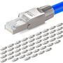 HB-DIGITAL CAT 8 RJ45 Stecker STP. Silberner, metallischer Stecker zum werkzeuglosen Anschluss von Netzwerkkabeln für 40 Gbit/s Ethernet.