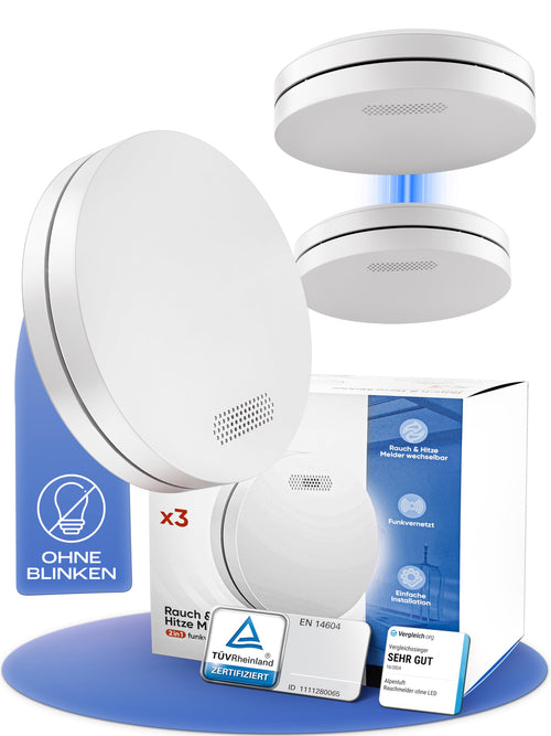 ALPENLUFT Funk Rauch- & Hitzemelder 2in1 – 10 Jahre Batterie 3er Set: Weiße Melder melden Rauch/Hitze für Brandschutz.