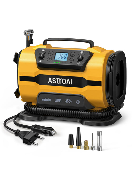 AstroAI Kompressor Multifunktional - 12V/230V Dual Power, kompaktes, schwarz-graues Gehäuse. Pumpt Reifen & Bälle präzise auf.