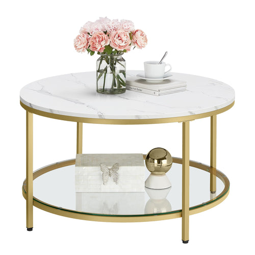 VASAGLE LCT071W59 Couchtisch – Glasplatte, Marmorweiss/Gold