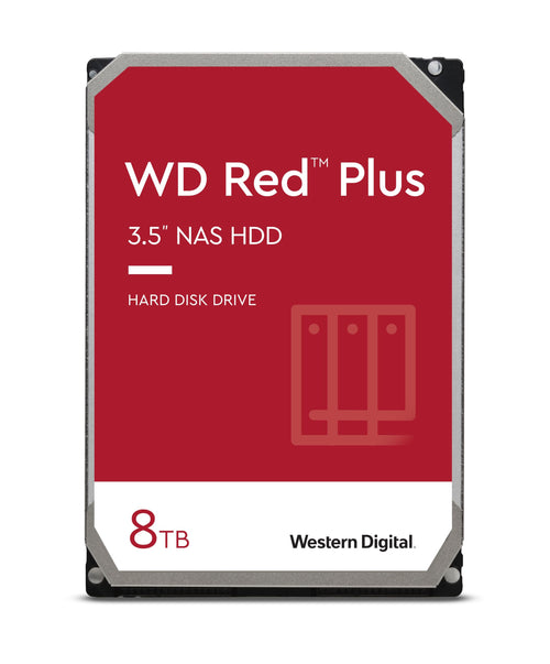 WD Red Plus NAS Festplatte 8 TB – Intern 3.5 Zoll. Rechteckige, silberne Festplatte mit rotem Label zur Datenspeicherung in NAS-Systemen.