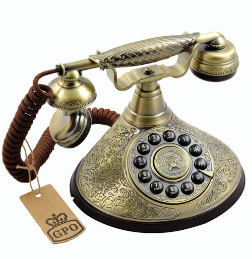 GPO Duchess 1935SPUSH vintage Telefon - Bronze Metall. Klassisches Bronze-Festnetztelefon mit Drucktastenfeld zum Telefonieren.