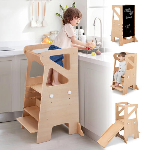 Labebe Montessori Lernturm 4-in-1 mit Rutsche & Kreidetafel