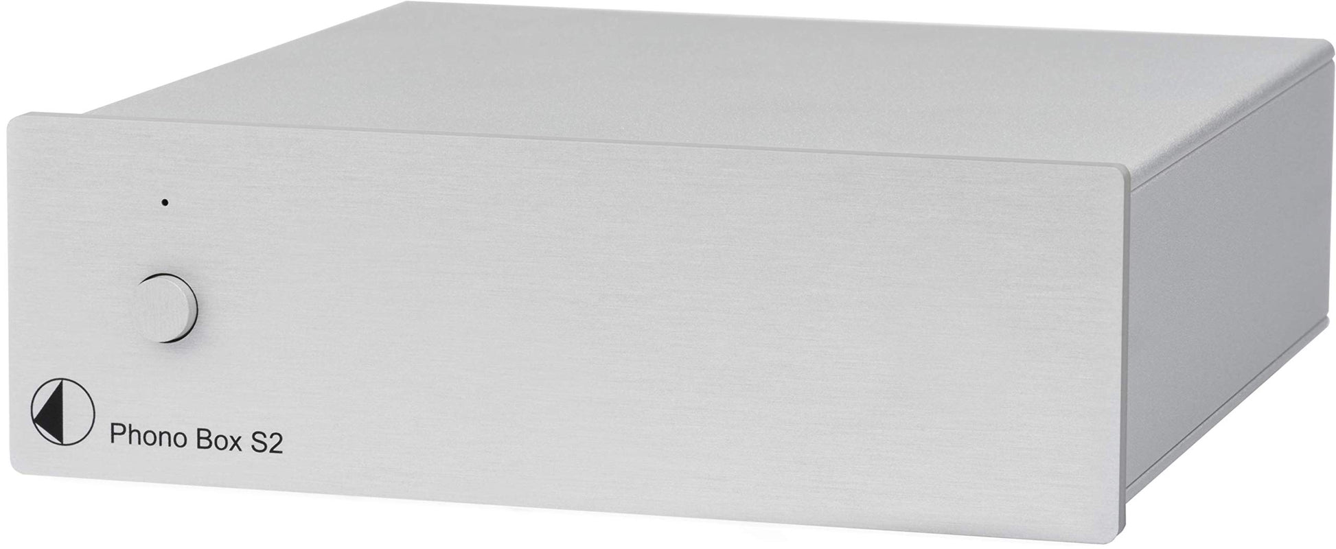 Pro-Ject Phono Box S2 Phono Vorverstärker - Silber. Silberne, rechteckige Box, die Plattenspieler-Audiosignale verstärkt.