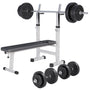 GORILLA SPORTS® Hantelbank mit Langhantelset – Klappbar. Schwarze, klappbare Hantelbank für Krafttraining mit Langhanteln.