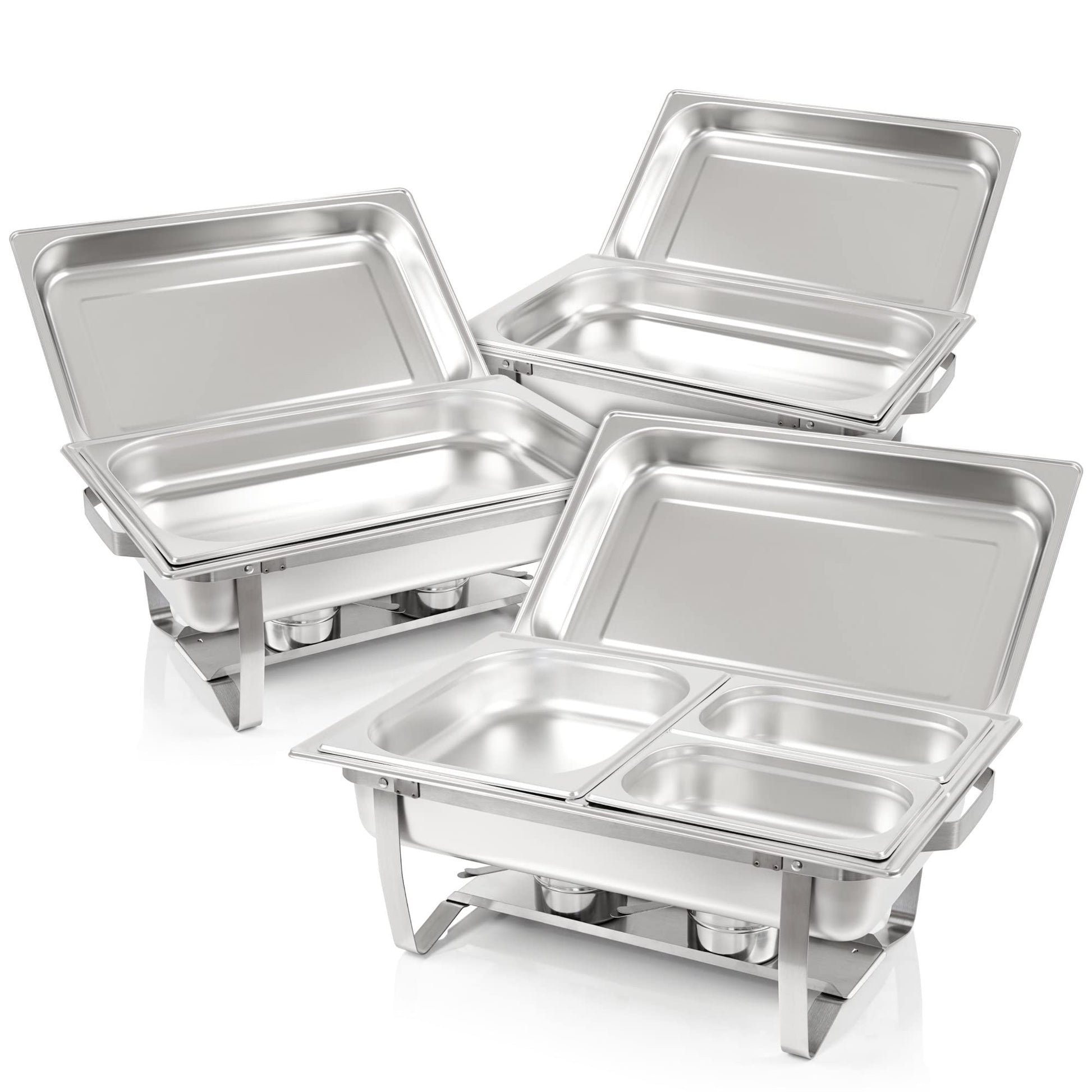 Mahlzeit Profi Set Montpellier Chafing Dish – 3x Edelstahl. Drei rechteckige Chafing Dishes bieten Warmhaltefunktion für Buffets.