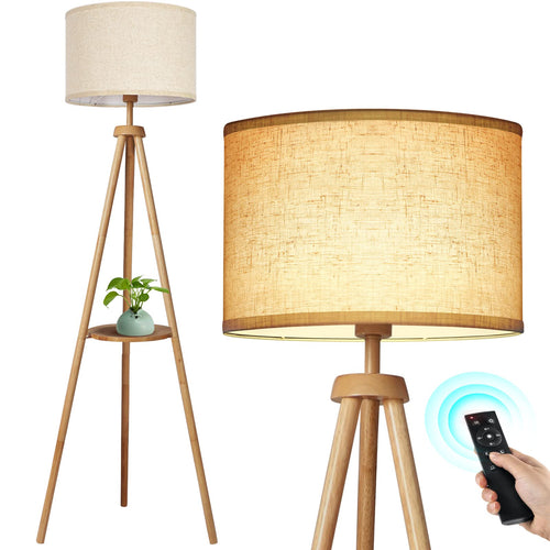 OUTON LED Stativ Stehleuchte Holz Regal - Beige Schirm