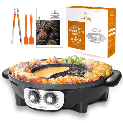 Food Party Hot Pot und Tischgrill Elektrisch – XXL für 8 Personen, schwarz, zum Kochen im Hot Pot und Grillen auf Platte.