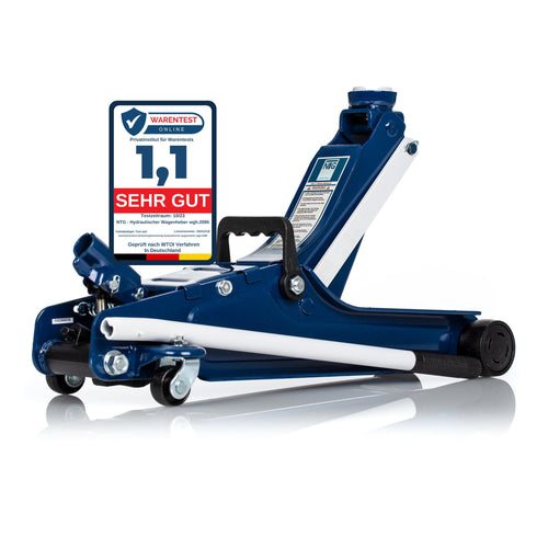 NTG Hydraulischer Rangierwagenheber 2t, flach. Hebt Fahrzeuge bis 2t von 85-375mm Hubhöhe an.