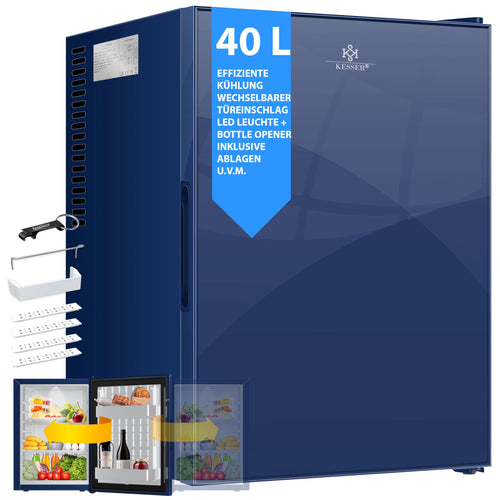 KESSER® Mini Kühlschrank 40L – Minibar Glasfront lautlos. Rechteckiger, geräuschloser Kühlschrank mit Glastür. Kühlt Getränke und Snacks.