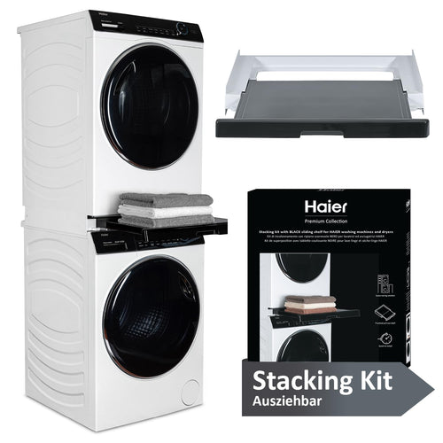 Haier Zwischenbaurahmen für WM/Trockner – Universal, Weiss mit Ausziehboden. Weisser Rahmen für platzsparende Stapelung, Ausziehboden erleichtert Beladen.