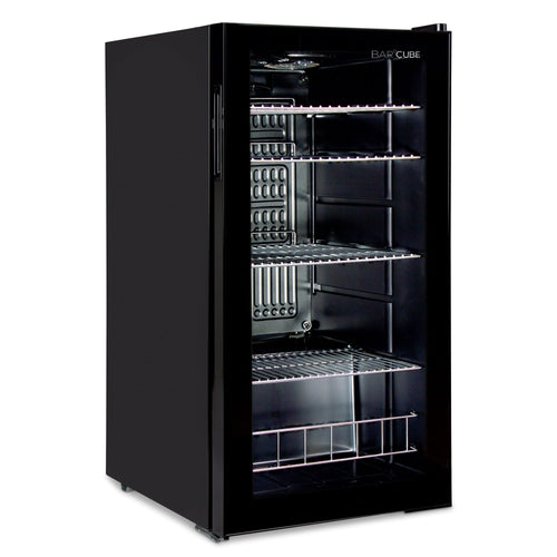 CUBES Getränkekühlschrank 90L Flaschenkühlschrank mit Glastür – Schwarz. Kühlt und präsentiert Getränke und Flaschen.