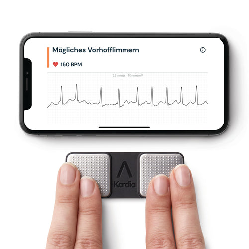KardiaMobile EKG-Herzfrequenzmesser – 1-Kanal Version, ovales, schwarzes Gerät mit Elektroden. Misst EKG, erkennt Arrhythmien.
