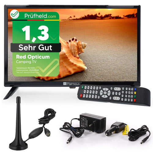 RED OPTICUM 24 Zoll LED TV - Camping Fernseher 12V/230V. Schwarzes, rechteckiges Gerät zum TV-Empfang.