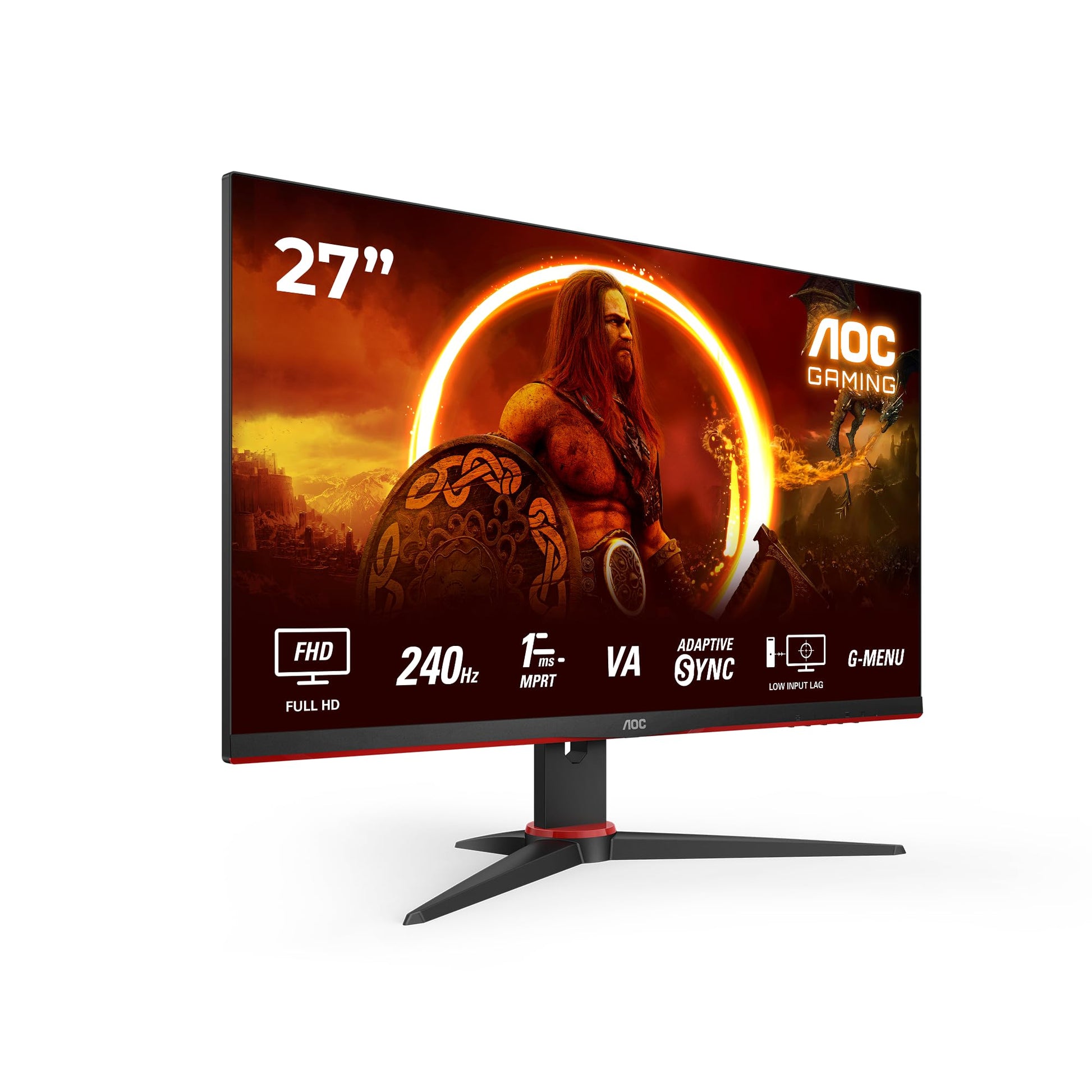 AOC Gaming 27G2ZNE Gaming Monitor 27 Zoll 240Hz Full HD. Schwarzer Bildschirm auf Standfuß; ideal für schnelles, hochauflösendes Gaming.