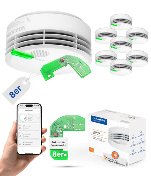 Hekatron Genius Plus X Funkrauchmelder – 8er Set, 10 Jahre Batterie. Weiß, rund. Erkennt Rauch und löst Brandalarm aus.