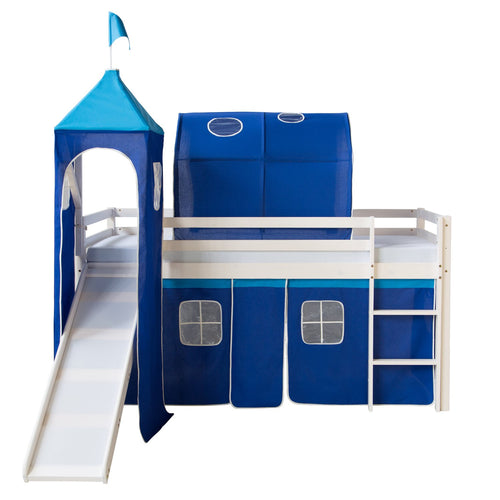 Homestyle4u Kinder Hochbett 90x200 Rutsche Turm Weiss Blau. Weiß-blaues Hochbett mit Rutsche & Turm für Kinder zum Schlafen und Spielen.