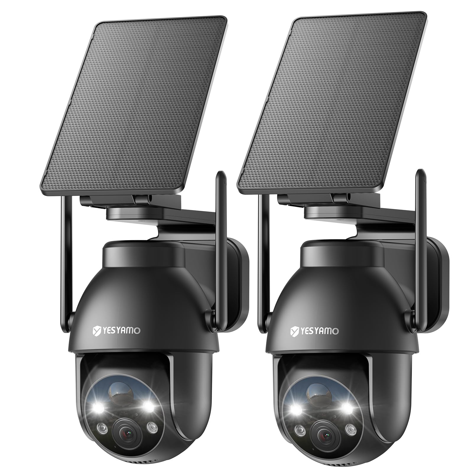 YESYAMO 2K Überwachungskamera Aussen WLAN Solar PTZ - 2er Set: Zwei weiße Kameras mit Solarpanel zur Außenüberwachung.