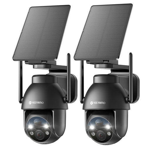 YESYAMO 2K Überwachungskamera Aussen WLAN Solar PTZ - 2er Set: Zwei weiße Kameras mit Solarpanel zur Außenüberwachung.