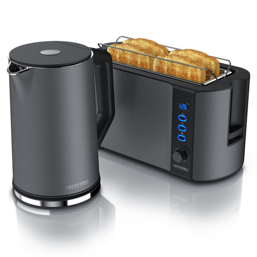 Arendo Wasserkocher Toaster Set Edelstahl Cool Grey. Graue Edelstahlgeräte. Der Wasserkocher erhitzt Wasser, der Toaster röstet Brotscheiben.