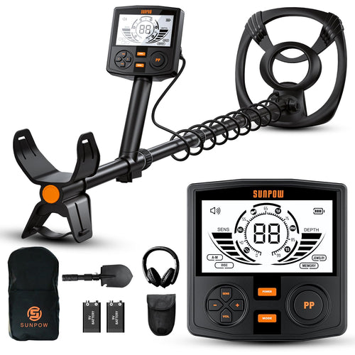 SUNPOW Profi Metalldetektor Set – DSP Chip, 30cm Spule: Schwarzer Detektor zur Metallsuche im Boden.