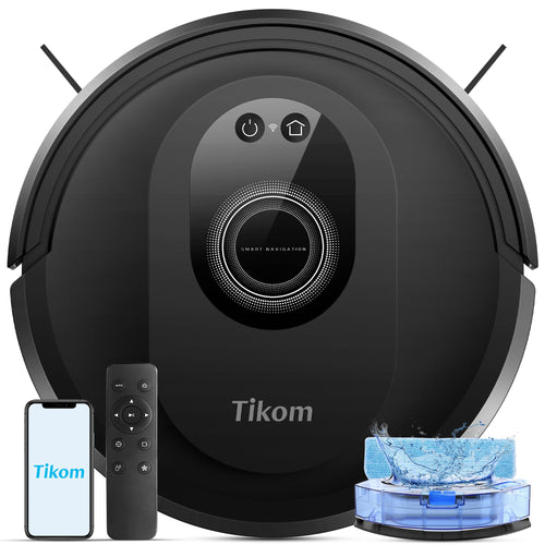 Tikom G8000 Max Saugroboter – 2-in-1 mit Wischfunktion: Rund, schwarz. Saugt und wischt Böden.