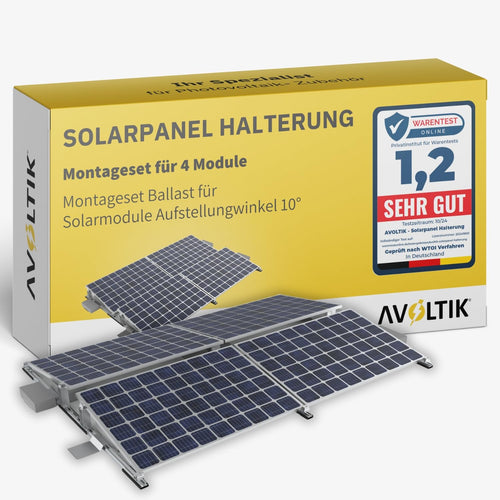 Avoltik 4er Set Solarmodul Flachdach Halterung ohne Bohren. Silberne Metallprofile zur ballastierten Aufständerung von PV-Modulen auf Flachdächern.