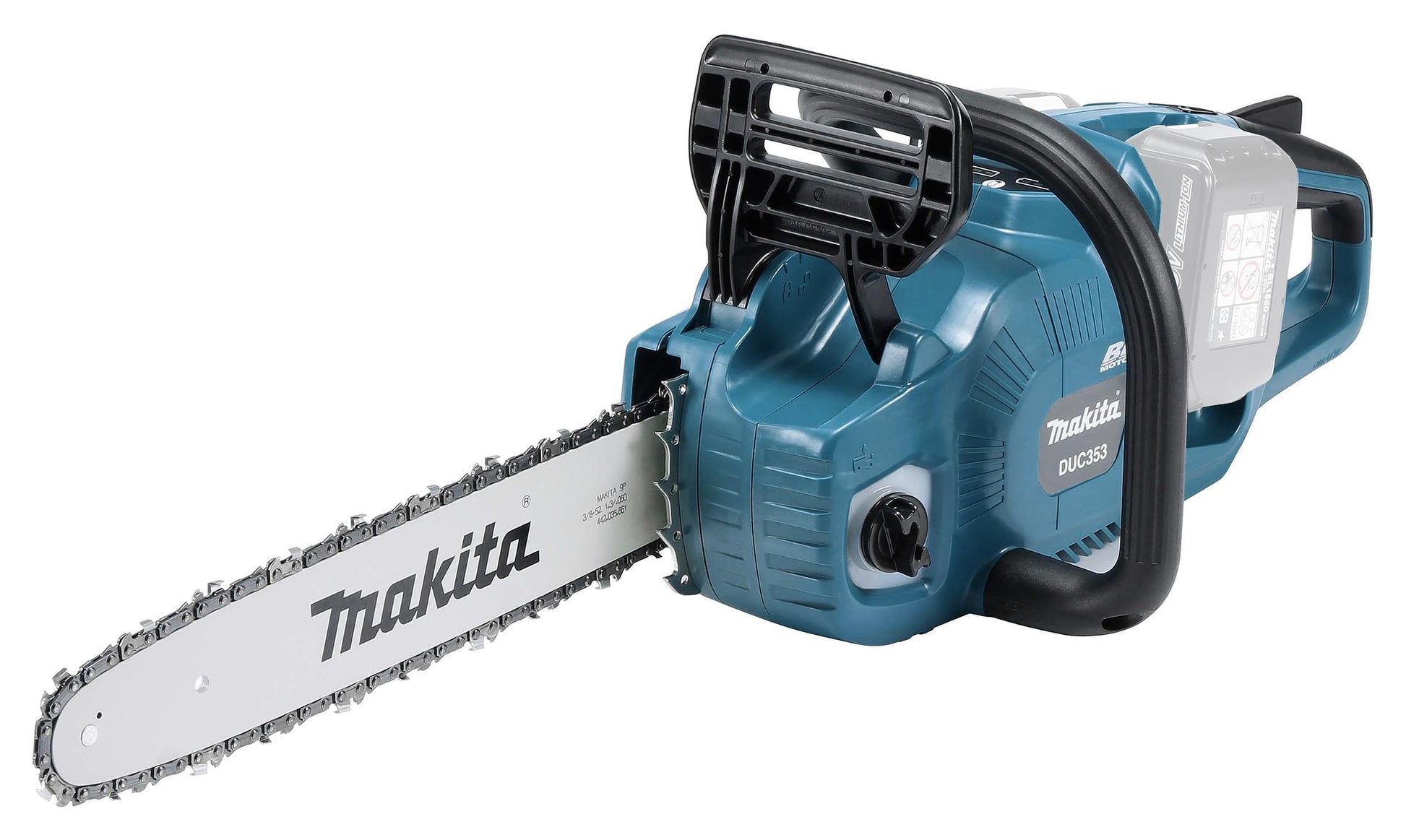 Makita DUC353 Akku-Kettensäge: Blau-schwarzes Gehäuse, mit langem Schwert und Kette. Dient zum Schneiden von Holz.