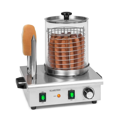 Klarstein Wurstfabrik Pro 550 Hot Dog Maker – Silber. Silberner Heißdorn-Hotdog-Maker mit Glaszylinder, erwärmt Würstchen und Brötchen.