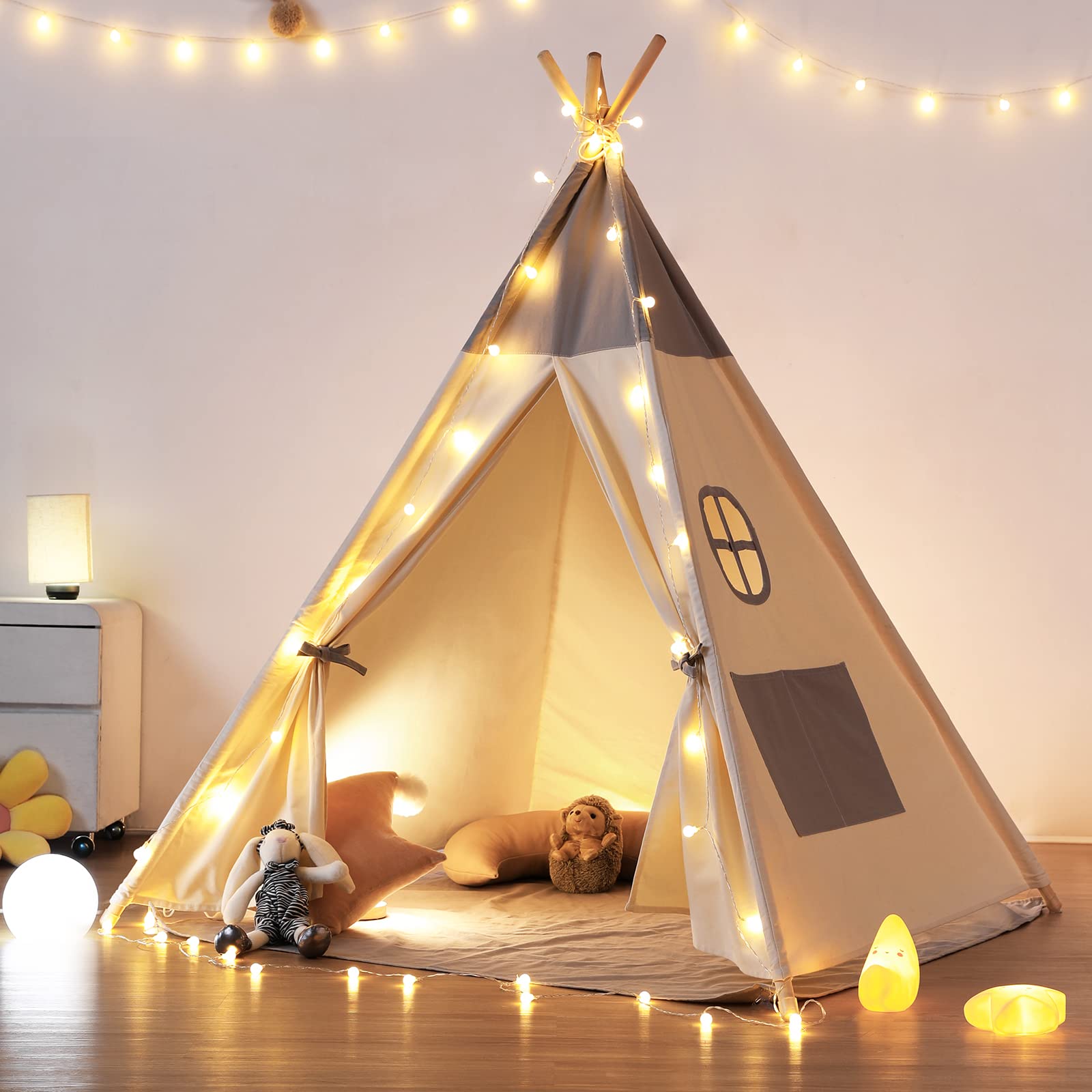 lichterkette tipi zelt besrey Tipi Kinderzelt Spielzelt – Baumwolle Indoor Outdoor Lichter Matte