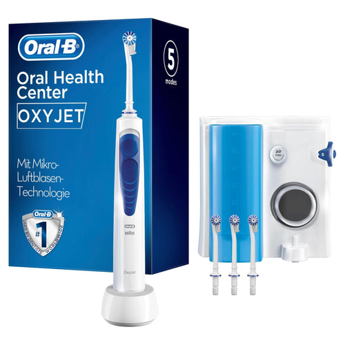 Oral-B OxyJet Munddusche - Luftblasen Technologie, Weiss/Blau. Munddusche mit weiß-blauem Gehäuse. Reinigt Zahnzwischenräume mit Wasser-Luftgemisch zur Entfernung von Plaque.