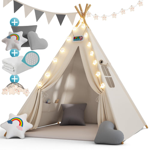 Spielwerk® Tipi Kinderzelt – Set 130x130cm Weiss Grau