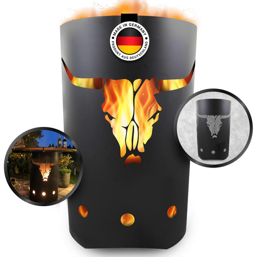 Feuertonne Stahlfass für Feuerplatte – Stierkopf #176. Zylindrisches Stahlfass mit Stierkopf. Dient als Unterbau für Feuerplatten.