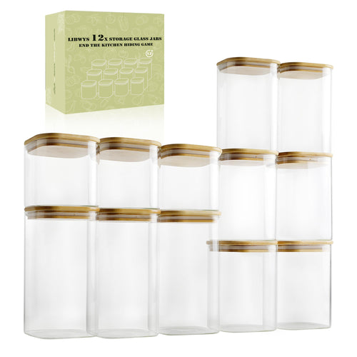 LIBWYS 12er Set Vorratsgläser Eckig mit Deckel - 3 Grössen Plus Edition