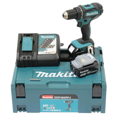 Makita DDF482RFJ Akku-Bohrschrauber - 18V 3,0Ah MAKPAC Set. Blau-schwarz, pistolenförmig. Zum Bohren und Schrauben.