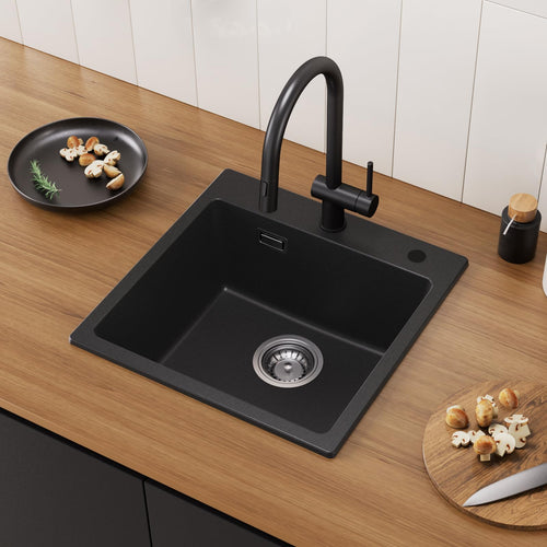 CECIPA Granit-Einbauspüle 45x45cm, schwarz eckig, 2 Hahnlöcher
