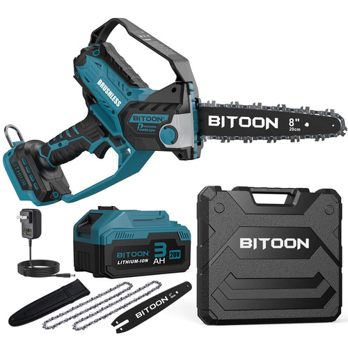 BITOON 20cm Akku Kettensäge 3.0Ah Set – Blau. Blaue Akku-Kettensäge mit 20cm Schwert zum effizienten Holzschneiden.