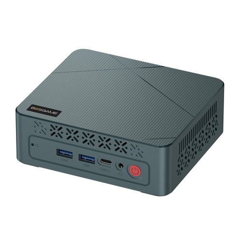 BOSGAME E2 Business Mini-PC - Ryzen 5 3550H, 16 GB RAM, 512 GB SSD, ein kompakter, schwarzer Quader für effiziente Büroarbeit.