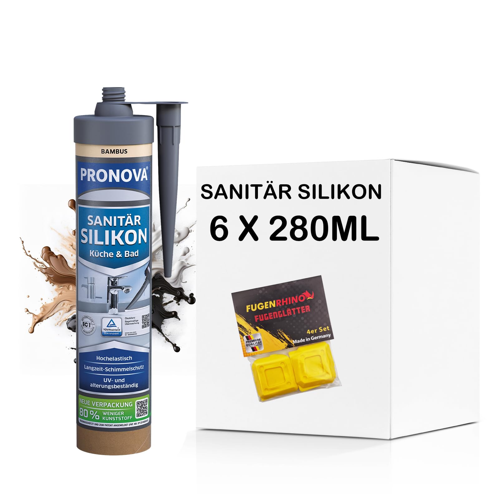 Pronova Premium Sanitär Silikon Kartusche - Bambus 280ml. Bambusfarbene Kartusche abdichtet Fugen im Sanitär.