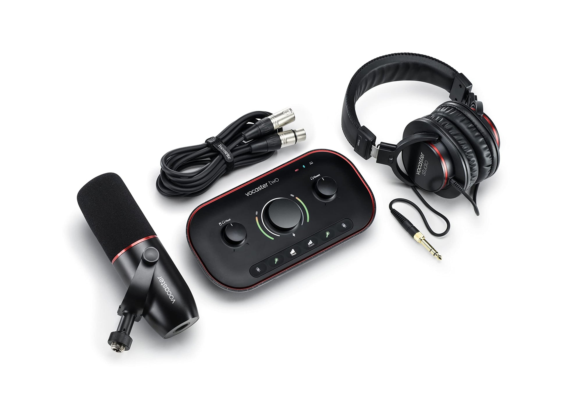 Focusrite Vocaster Two Studio Podcast Audio-Interface Set. Kompaktes, dunkelgraues Set zur Aufnahme und Bearbeitung von Stimmen für Podcasts.