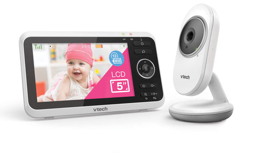VTech VM350 Video-Babyphone – Bewegliche Kamera: Weißes Video-Babyphone mit schwenk-/neigbarer Kamera zur Live-Babyüberwachung.