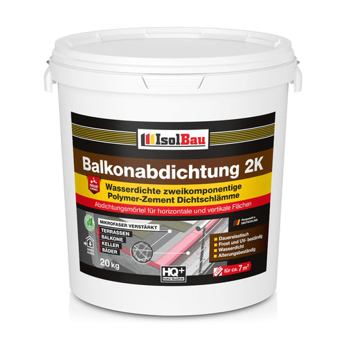 Isolbau Balkonabdichtung 2K Flexibel Dichtschlämme – 20 kg. Graue 2K flexible Dichtschlämme zur dauerhaften Balkonabdichtung.