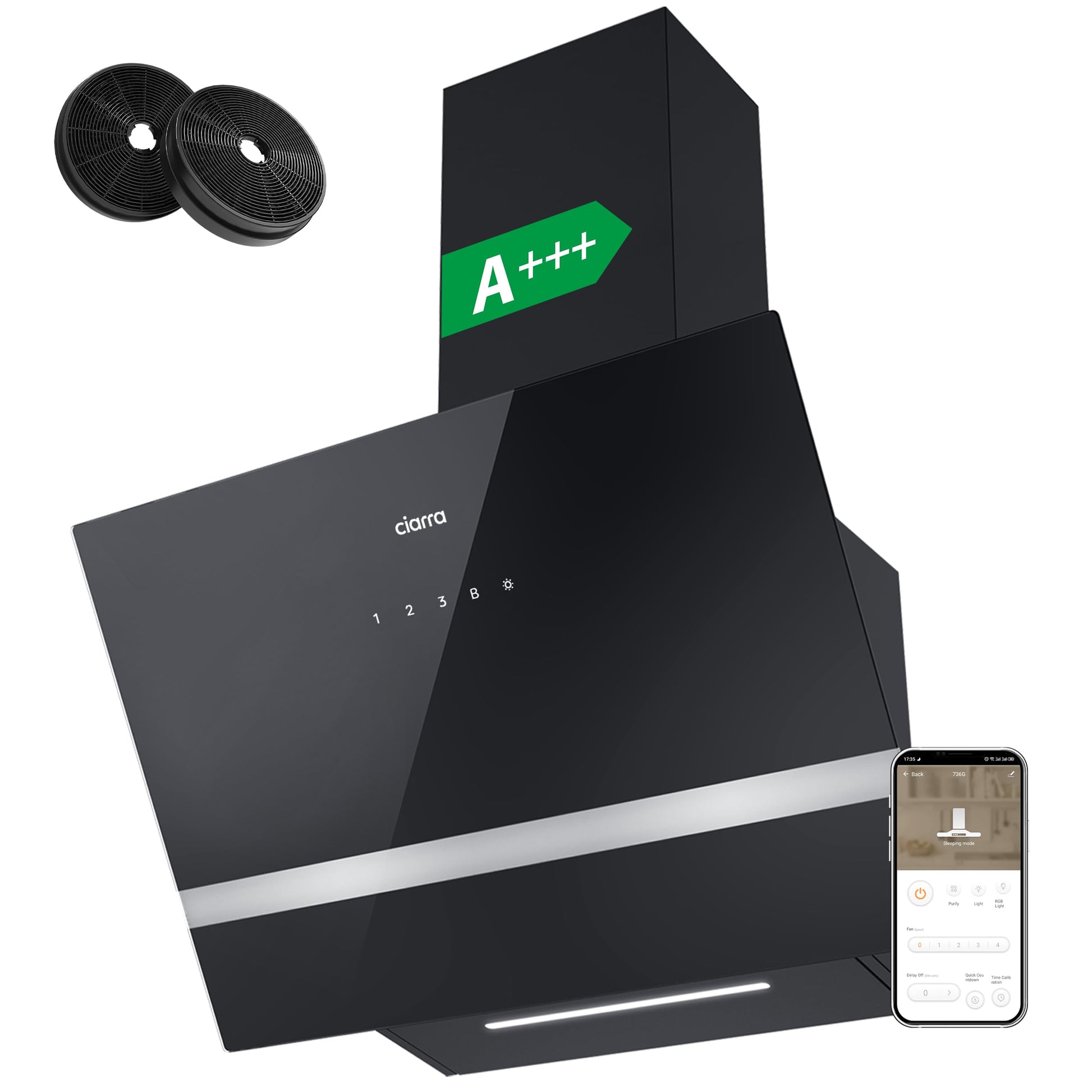 CIARRA CBCB6736H Kopffreie Schräghaube 60cm - Schwarz. Schwarze, schräge Haube. Saugt Kochdunst und Gerüche ab.