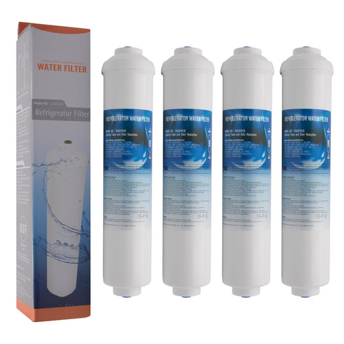 Microfilter DA2010CB externer Wasserfilter für Samsung/LG - 4er Pack. Vier weiße, zylindrische Filter zur Verbesserung der Trinkwasserqualität in Kühlschränken.