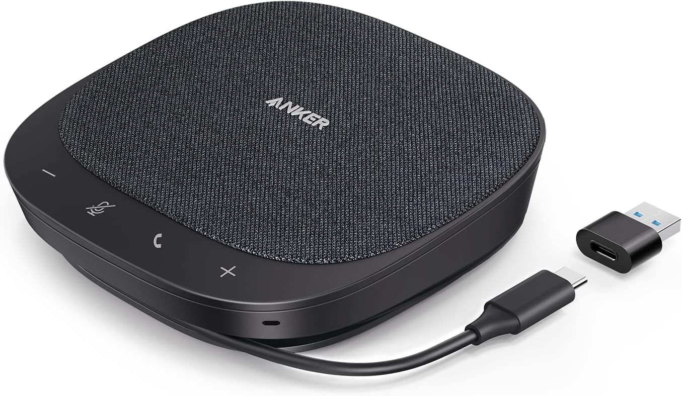 Anker PowerConf S330 USB Konferenzlautsprecher für Homeoffice. Rund und schwarz. Ermöglicht Freisprechfunktion für Videokonferenzen.