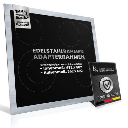 Kochfeld Adapterrahmen: Rechteckiger, grauer Metallrahmen zum passgenauen Einbau eines Kochfeldes in einen größeren Ausschnitt.